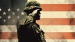 Poignant WWII soldier illustration, American flag backdrop. generative ai