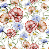 Fototapeta Sypialnia - Watercolor seamless pattern with flowers of  poppy and  cornflower, leaves.