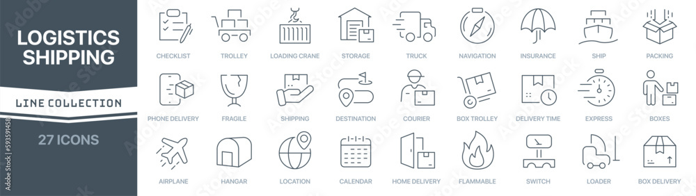 Logistics and shipping linear signed icon collection. Signed thin line ...
