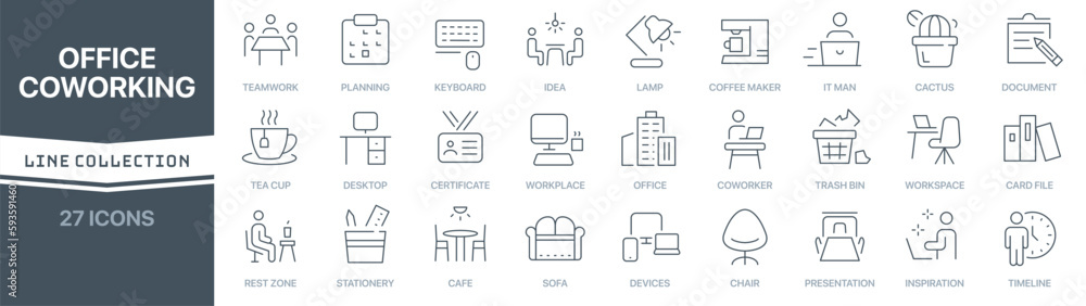Office and coworking linear signed icon collection. Signed thin line ...