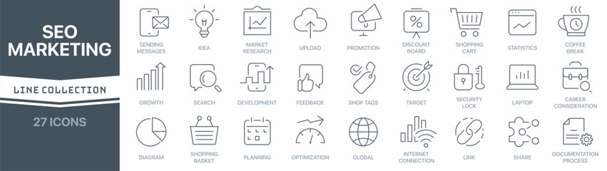 Poster - Seo and marketing linear signed icon collection. Signed thin line icons collection. Set of seo and marketing simple outline icons
