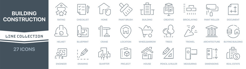 Building and construction linear signed icon collection. Signed thin line icons collection. Set of building and construction simple outline icons