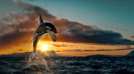 Wall Mural - orca leaping from sunset ocean water with splashes, norway background, winter and snow on mountains 