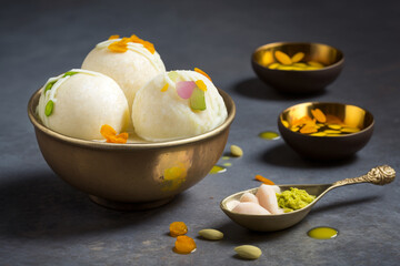 Wall Mural - Rasgulla is a one of famous Indian sweet made by Pure Cow milk. This sweet is served chilled and has soft-spongy texure. with the divine aroma of cardamom and Saffron