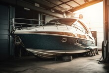 Big Luxury Cabin Motorboat Cruiser Yacht Engine At Trailer Ramp From Storage Boat Hangar Garage. Ship Service, Cleaning, Repair Or Maintenance Concept. Luxury Fishing Leisure. Generative AI