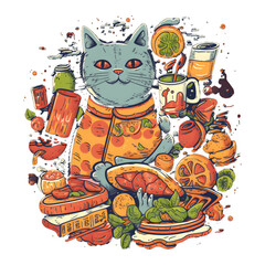 Poster - Cute and Colorful Cat illustration with Lots of Objects Background, Generative AI