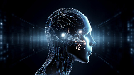 Wall Mural - big data advanced artificial intelligence for the future in humanoid head machine learning, generati