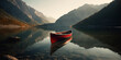 Ein leeres, rotes Kanu auf einem See im Gebirge - generative ai