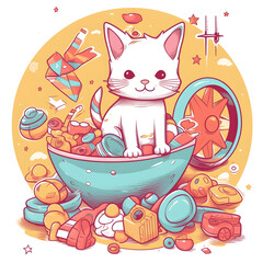 Wall Mural - Cute Cartoon Cat with Lots of Objects Background, Generative AI