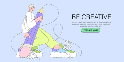Wall Mural - man designer hold big pencil and draw. creative or educational process banner, ad, landing page or p