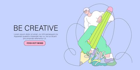 Wall Mural - man designer hold big pencil and draw. creative or educational process banner, ad, landing page or p