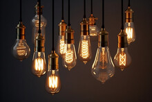 Decorative Antique Edison Style Light Bulbs, Different Shapes Of Retro Lamps On Dark Background. Cafe Or Restaurant Decoration Details. Set Of Vintage Glowing Light Bulbs, Loft Interior. AI Generated.