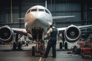 aircraft maintenance technician working on turbine illustration generative ai