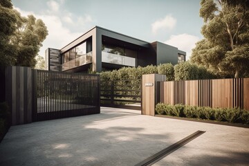 automatic sliding gate and house, 3d illustration. generative ai