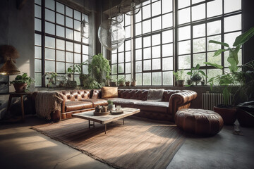 Wall Mural - Loft Industrial Living Room Interior with panoramic Windows. Leather Sofa and Home Plants. Evening light