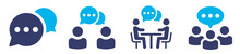 Conversation And Communication Icons Set. Meeting Discussion, Speech Bubble, Partnership Or Collaboration Concept, Working Together, Business People Talk.