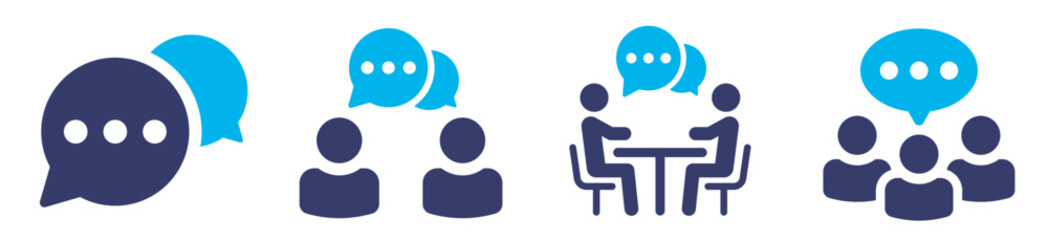 Conversation and communication icons set. Meeting discussion, speech bubble, partnership or collaboration concept, working together, business people talk.