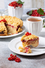 Wall Mural - Homemade cake with berries on gray background. Yogurt pie with fresh red currant.