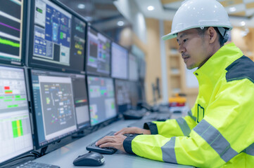 Engineer working at control room,Manager control system,Technician man monitoring program from a lot of monitor