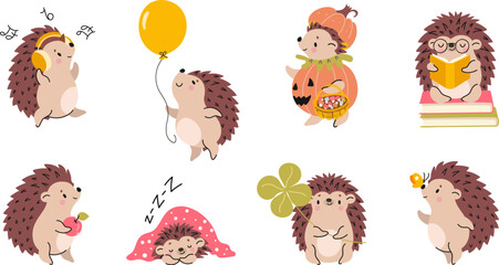 Canvas Print - Forest autumn hedgehogs. Cute cartoon hedgehog play with balloon, listen music and reading books. Halloween animal in pumpkin, nowaday vector set