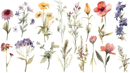 Wall Mural - delicate watercolor beautiful meadow flowers on white background. generative ai	
