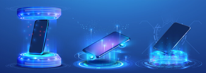 Poster - Futuristic holograms and podiums with 3D mobile phones. Abstract digital user interface technology. Smartphone hangs in the air. HUD, GUI futuristic portal, hologram. Vector