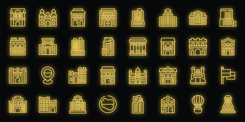 Poster - Warsaw icons set outline vector. Europe city. Capital building neon color on black