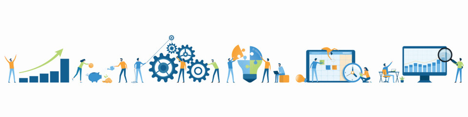 Poster - set flat vector business people team working 
and set cartoon character design about business activities. process. brainstorming. planning. finance investment  concept
