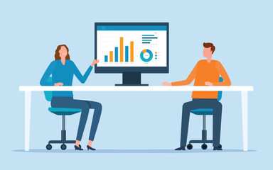Aufkleber - two Business people working for data analytics graph report dashboard and business marketing team meeting planning. financial investment concept. flat vector illustration 
