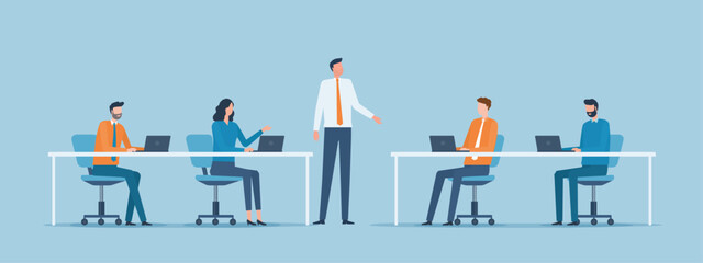 Poster - flat vector group business people team meeting for project brainstorming concept. cartoon character design. 
