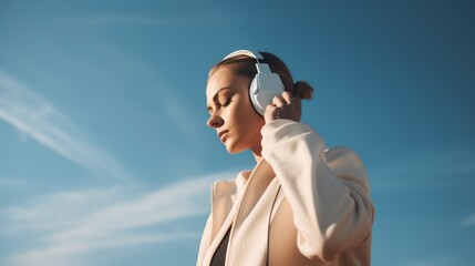 Wall Mural - Female Athlete Enjoying Music with Headphones While Exercising Outdoors. Generative AI.