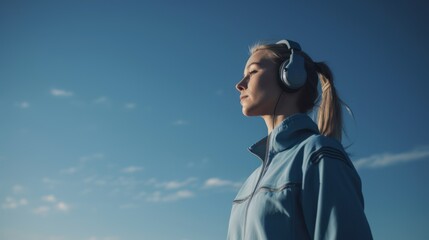 Wall Mural - Female Athlete Enjoying Music with Headphones While Exercising Outdoors. Generative AI.