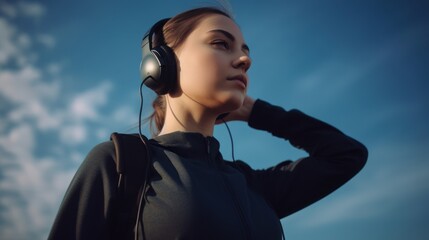 Wall Mural - Female Athlete Enjoying Music with Headphones While Exercising Outdoors. Generative AI.