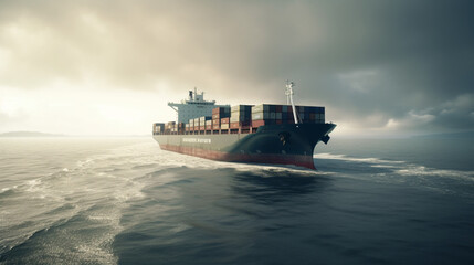 Wall Mural - A wide-lens view of a huge shipping cargo ship in the open sea. The ship is carrying a commercial container to a predetermined destination. The ocean looks calm and the weather is good