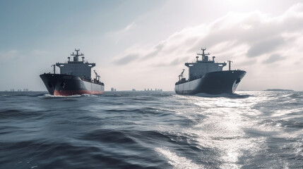 Wall Mural - A wide-lens view of a huge shipping cargo ship in the open sea. The ship is carrying a commercial container to a predetermined destination. The ocean looks calm and the weather is good