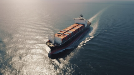 Wall Mural - A wide-lens view of a huge shipping cargo ship in the open sea. The ship is carrying a commercial container to a predetermined destination. The ocean looks calm and the weather is good