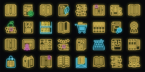 Sticker - Book publication icons set outline vector. School education. Learning read neon color on black