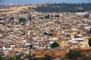 Aerial view of the Fez el Bali medina. Is the oldest walled part of Fez, Morocco. Fes el Bali was founded as the capital of the Idrisid dynasty between 789 and 808 AD