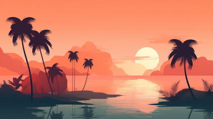 Wall Mural - drawing minimal tropical beach background. retro tone color style. summer holiday and travel vacatio