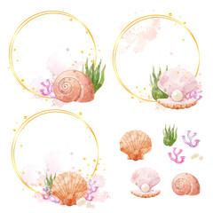 Wall Mural - Watercolor colorful of sea shell and under sea animal with circle shape