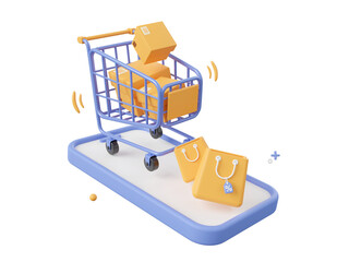 Wall Mural - 3d cartoon design illustration of Smartphone with shopping cart and parcel box, Shopping bag with discount tag, Shopping online on mobile concept.