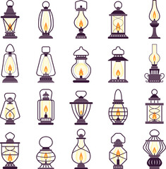 Wall Mural - lanterns set. kerosene vintage old style light items recent vector stylized silhouettes of lanterns