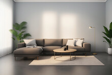 Generative AI Image Of Interior Of Gray Walled Living Room With Comfortable Sofa Center Table Carpet Curtains Potted Plants While Window Sunlight And Standing Lamp Illuminating Place