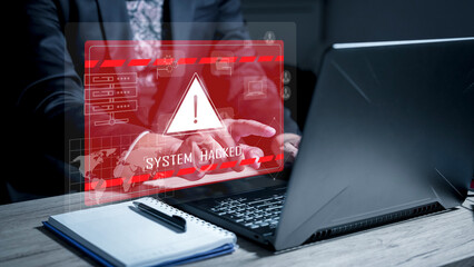 System hacked alert after cyber attack on computer network. Cybersecurity vulnerability, data breach, illegal connection, compromised information concept. Malicious software, virus and cybercrime.