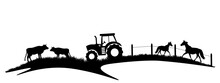 Farm farming agriculture landscape background banner panorama vector illustration symbol for logo - Black silhouette of cows, tractor and horses on field, isolated on white background.