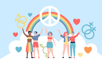 Lgbtq concept, gay rights and relationships queer people. Human rights, modern equal community. Peace icon, rainbow and recent vector characters