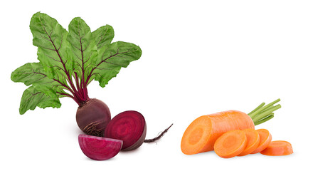 Wall Mural - Fresh red beet root one cut in half and slice with green leaf and carrot