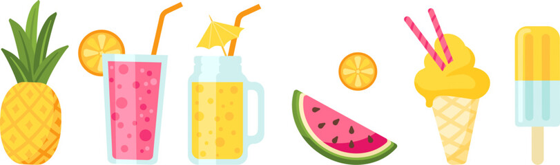 Wall Mural - Summer delicious cocktails, fruits and ice cream. Seasonal sweets, desserts for children. Popular beach bar food and drinks, cartoon vector elements