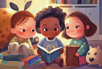 Illustration for children's book. Cartoon little girls reading a book together at home. Generative AI