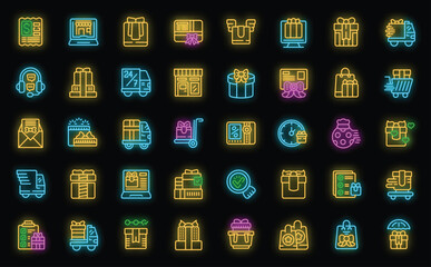 Wall Mural - Gift delivery service icons set outline vector. Online shop. Delivery food neon color on black